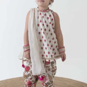 Girl Floral Buta Suit Set - Cream